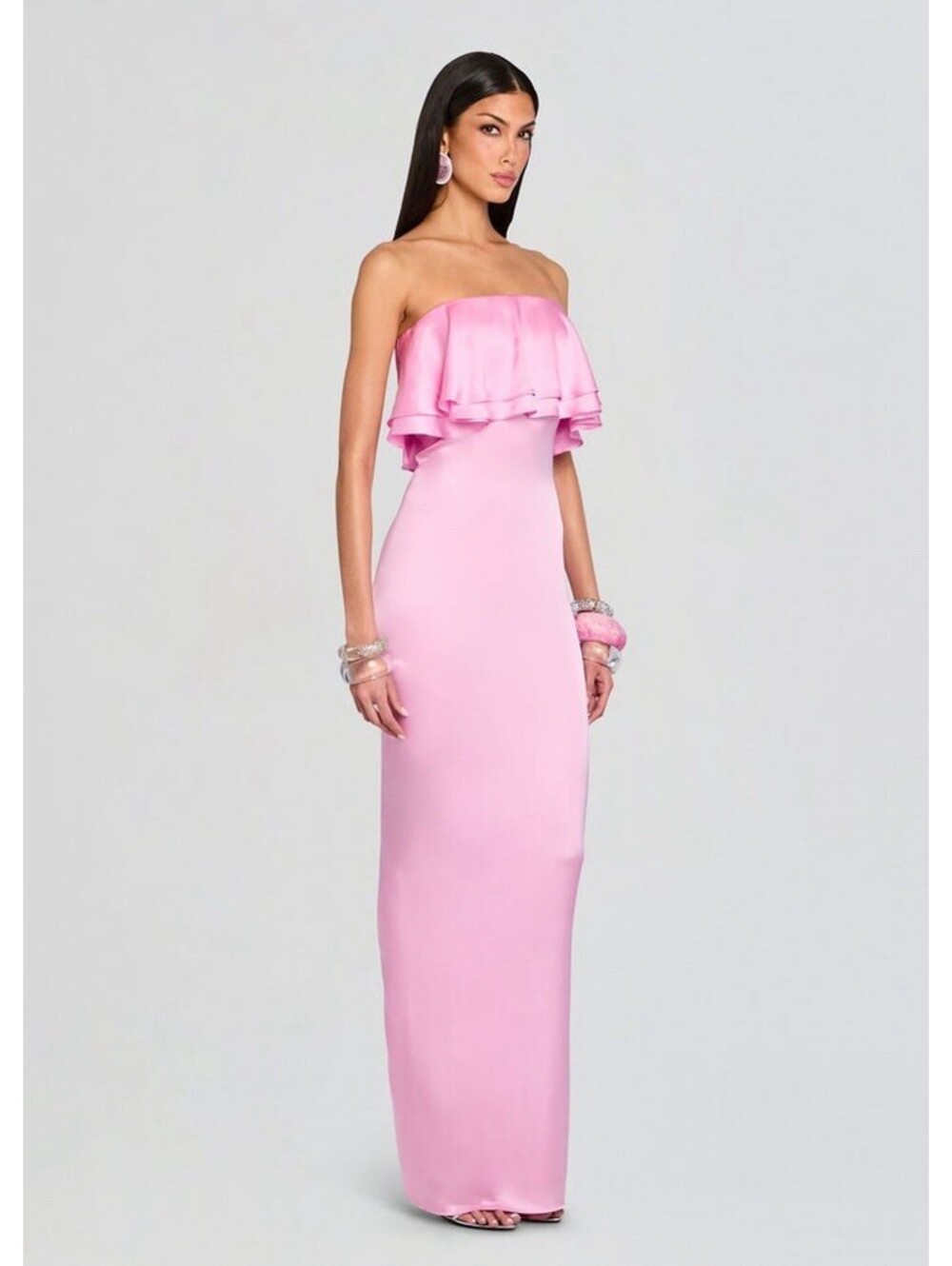$798 Retrofete Queenie Strapless Pink Ruffle Satin Designer Maxi Dress Small